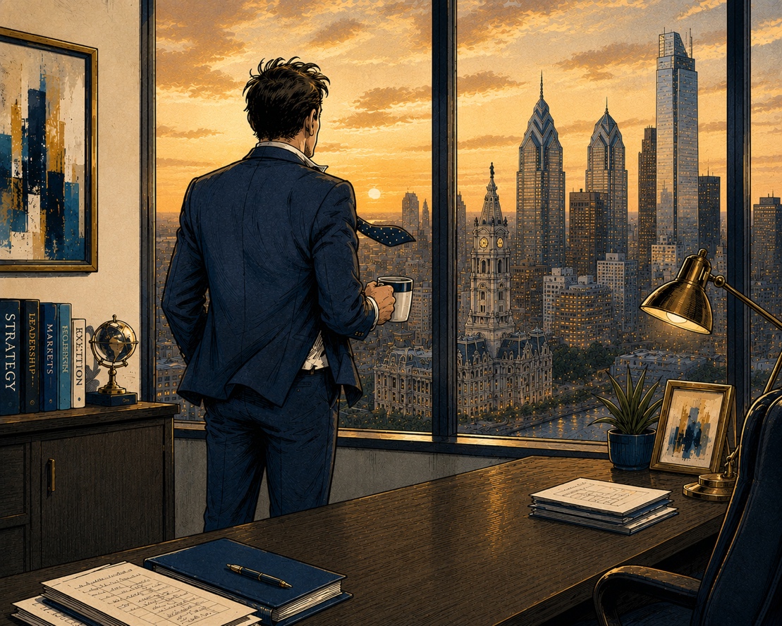 A leader standing at an office window, looking out over a city — the weight of a transformation decision before them.